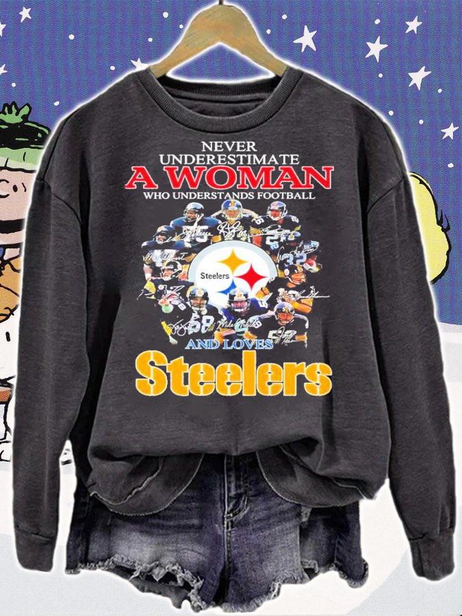 Never underestimate a woman who understands football and loves Steelers shirt t-shirt sweatshirt