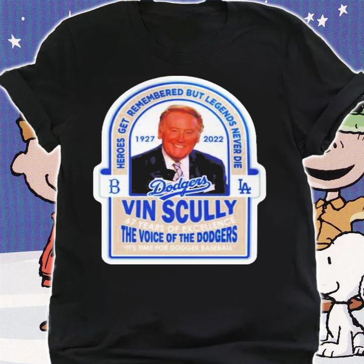 Vin Scully 1927-2022 67 Years Of Excellence The Voice Of The Dodgers It's Time For Dodger Baseball t-shirt