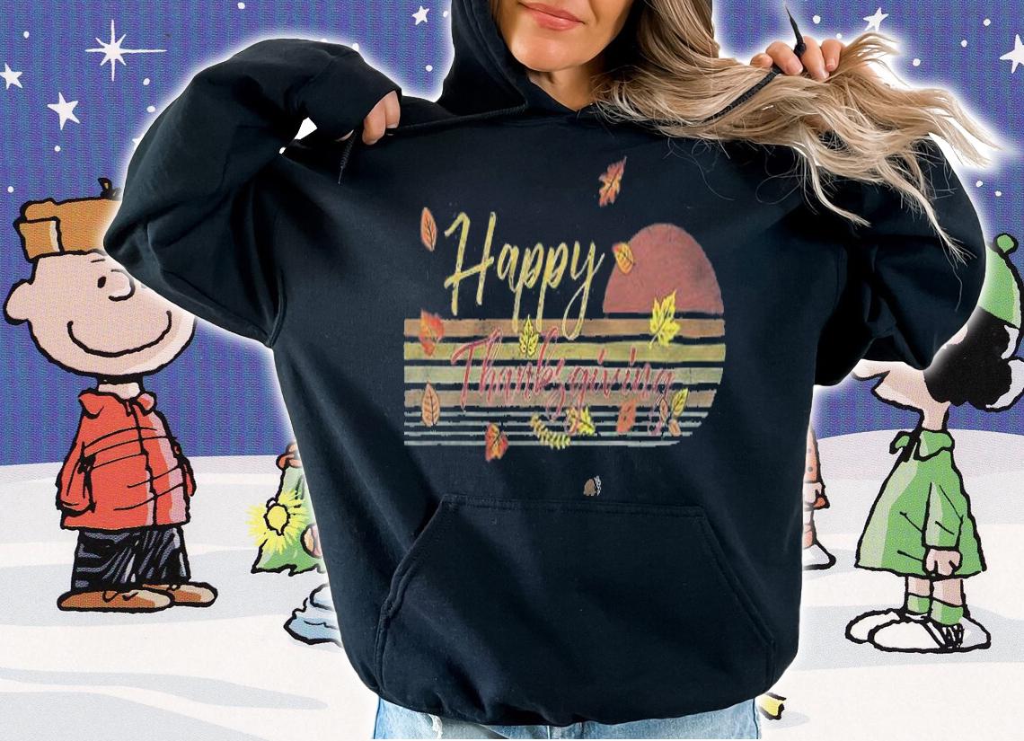 Cute Fall Leaves And Vintage Retro Sunset Happy Thanksgiving Premium T-Shirt