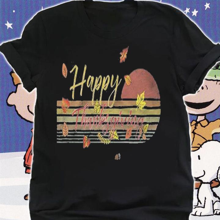 Cute Fall Leaves And Vintage Retro Sunset Happy Thanksgiving Premium T-Shirt