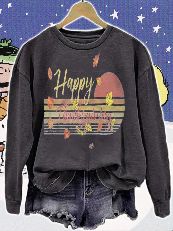 Cute Fall Leaves And Vintage Retro Sunset Happy Thanksgiving Premium T-Shirt