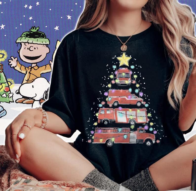 Firefighter Truck Christmas tree Xmas T-shirt woman shirt