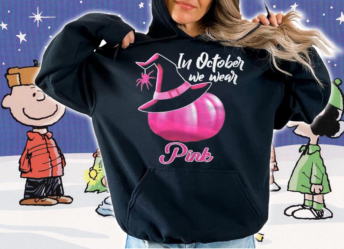 In October We Wear Pink Breast Cancer Pumpkin Witch Shirt