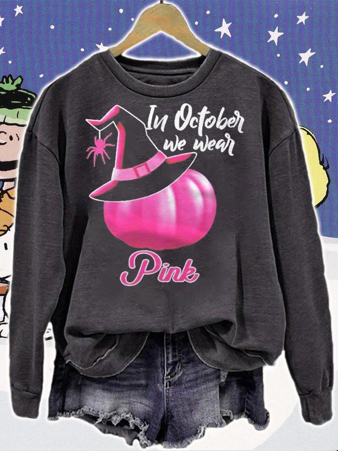 In October We Wear Pink Breast Cancer Pumpkin Witch Shirt