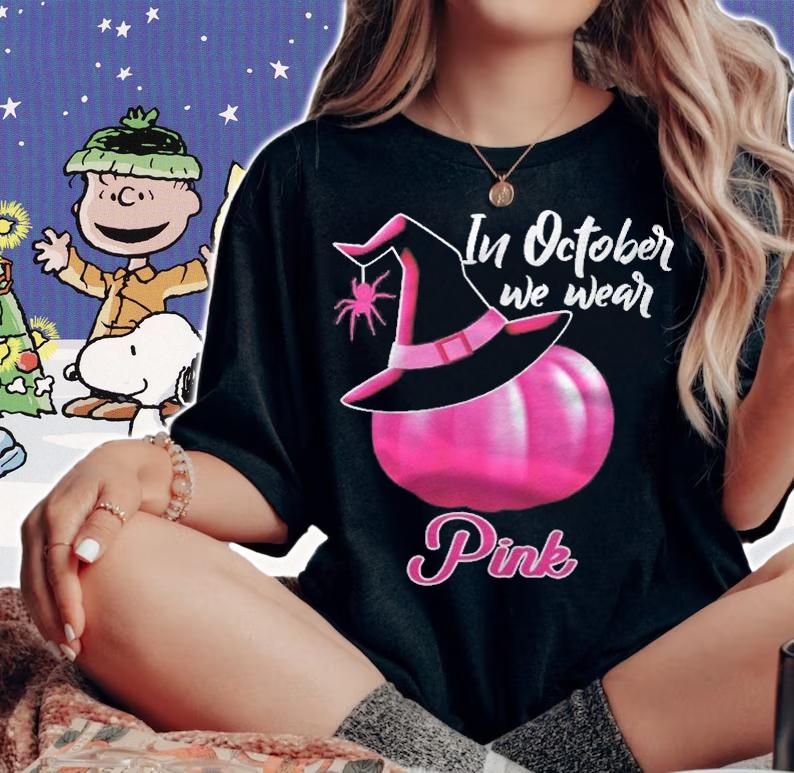 In October We Wear Pink Breast Cancer Pumpkin Witch Shirt