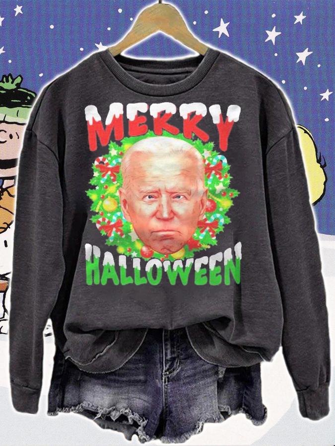 Funny Anti Joe Biden Merry Halloween Holiday Wreath Shirt sweatshirt