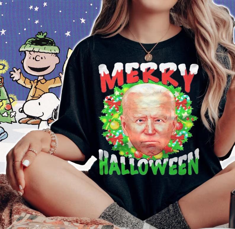 Funny Anti Joe Biden Merry Halloween Holiday Wreath Shirt woman shirt