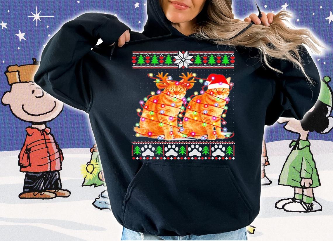 Cat Christmas Tree Lights Santa Hat Pajama Ugly Christmas T-Shirt hoodie