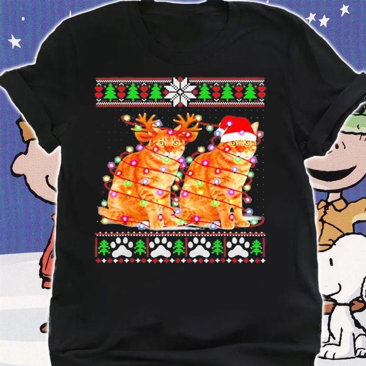 Cat Christmas Tree Lights Santa Hat Pajama Ugly Christmas T-Shirt shirt