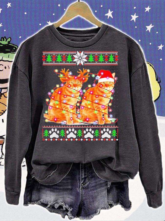 Cat Christmas Tree Lights Santa Hat Pajama Ugly Christmas T-Shirt sweatshirt
