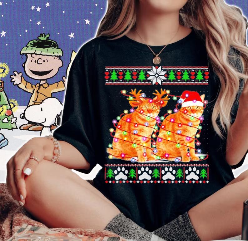 Cat Christmas Tree Lights Santa Hat Pajama Ugly Christmas T-Shirt woman shirt