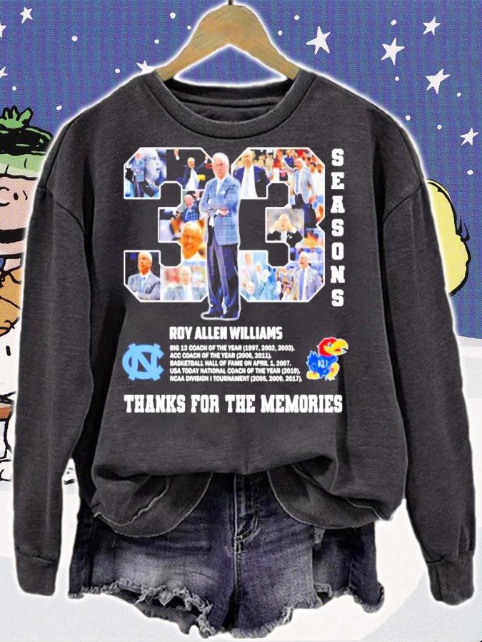 33 seasons Roy Allen Williams thanks for the memories shirt sweatshirt