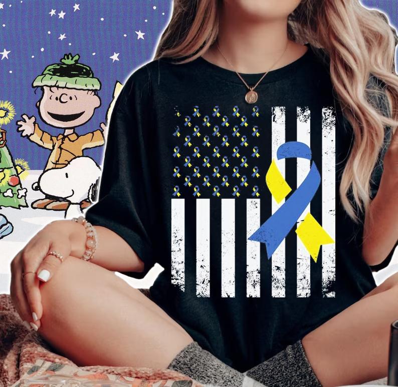 Down Syndrome USA Flag Blue and Yellow Ribbon shirt woman shirt