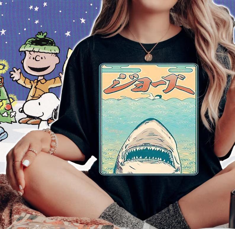 Funny Vintage Japanese Jaws Shark poster T-shirt woman shirt