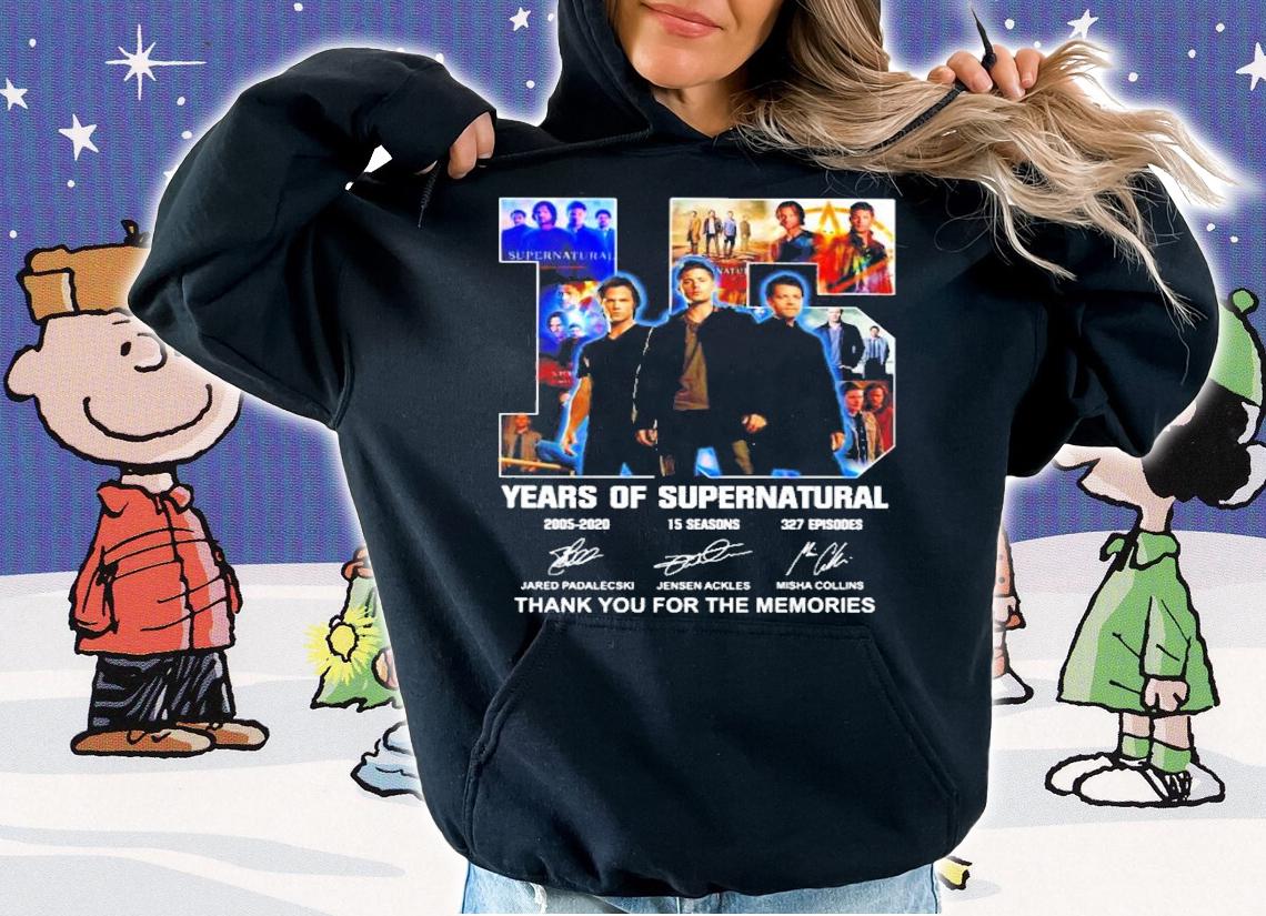 Official 15 years of Supernatural 2005-2020 15 seasons 327 episodes thank you for the memories shirt