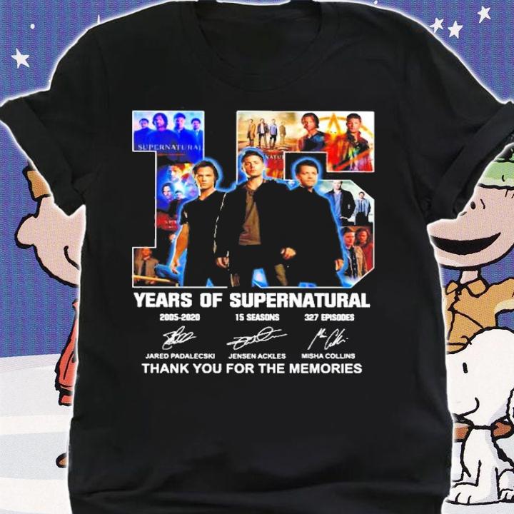 Official 15 years of Supernatural 2005-2020 15 seasons 327 episodes thank you for the memories shirt