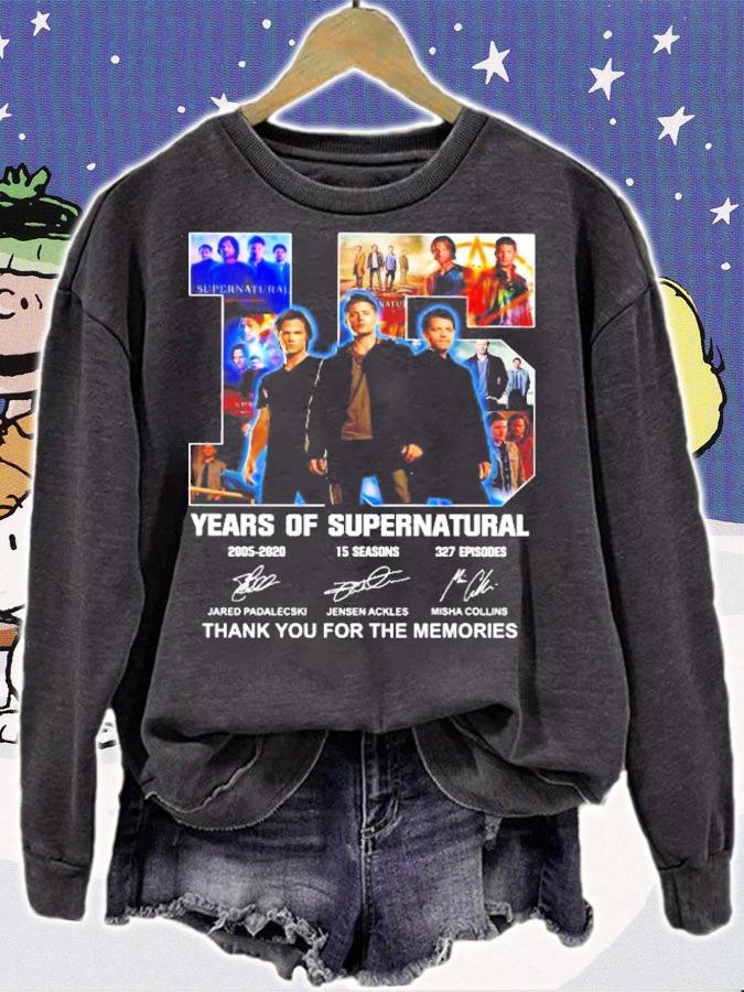 Official 15 years of Supernatural 2005-2020 15 seasons 327 episodes thank you for the memories shirt