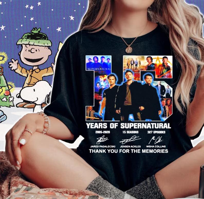 Official 15 years of Supernatural 2005-2020 15 seasons 327 episodes thank you for the memories shirt